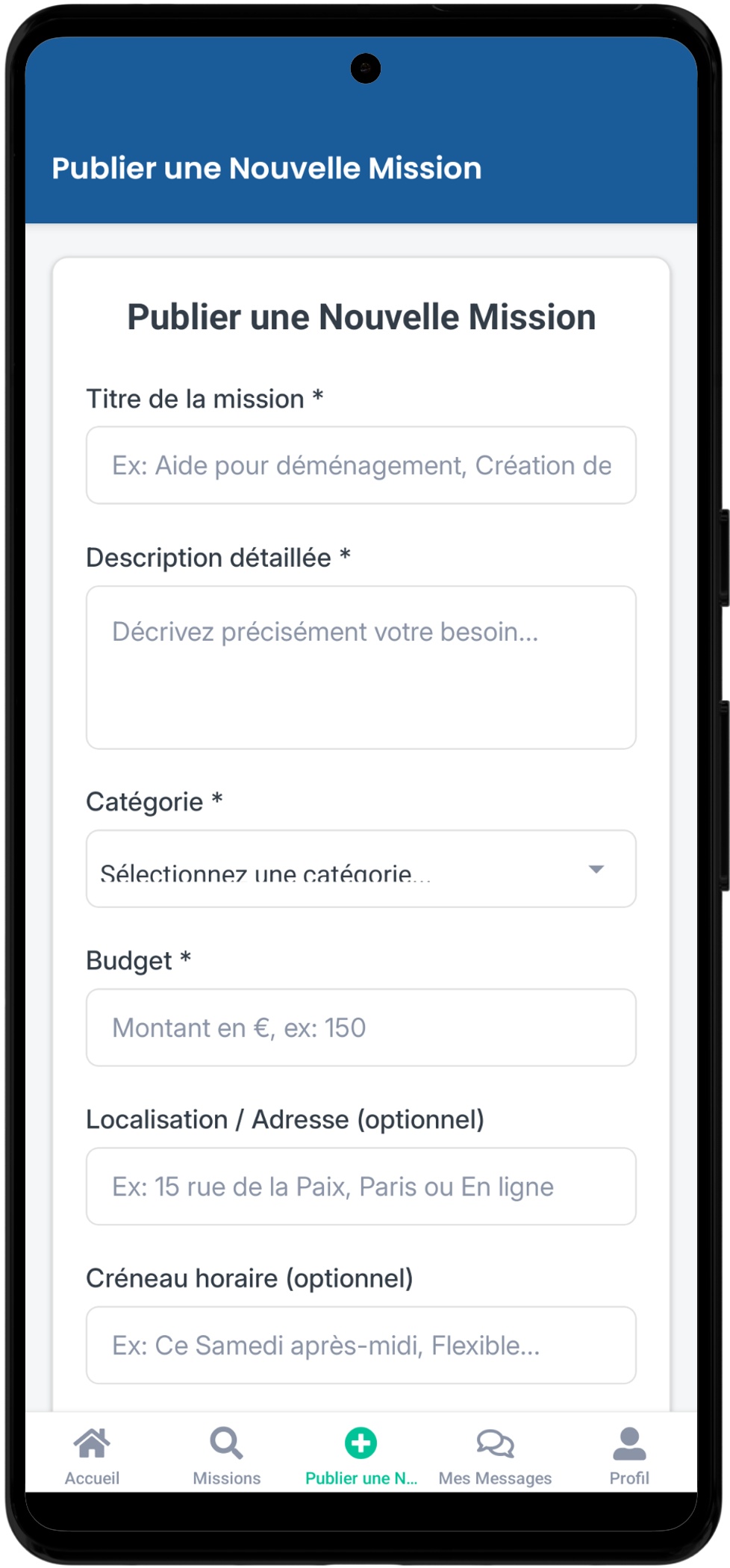 Écran de publication de mission sur EasyJobs