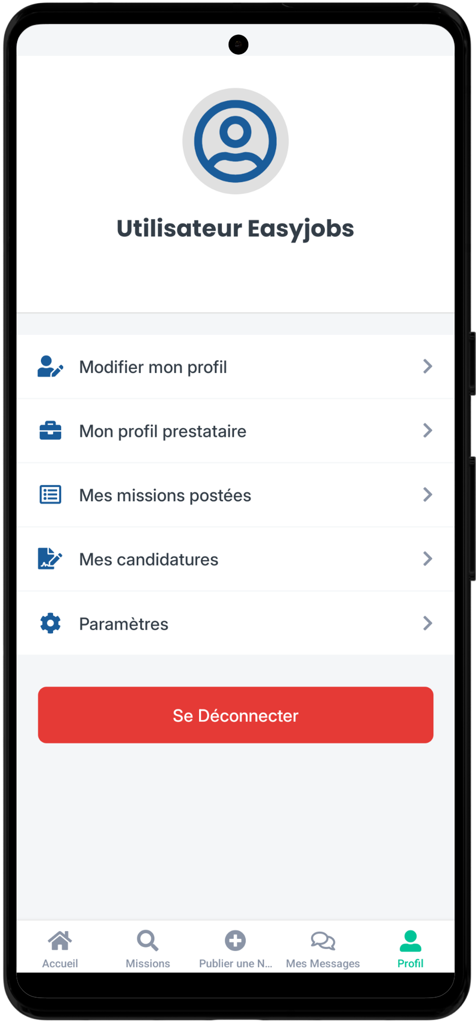 Écran de profil utilisateur sur EasyJobs